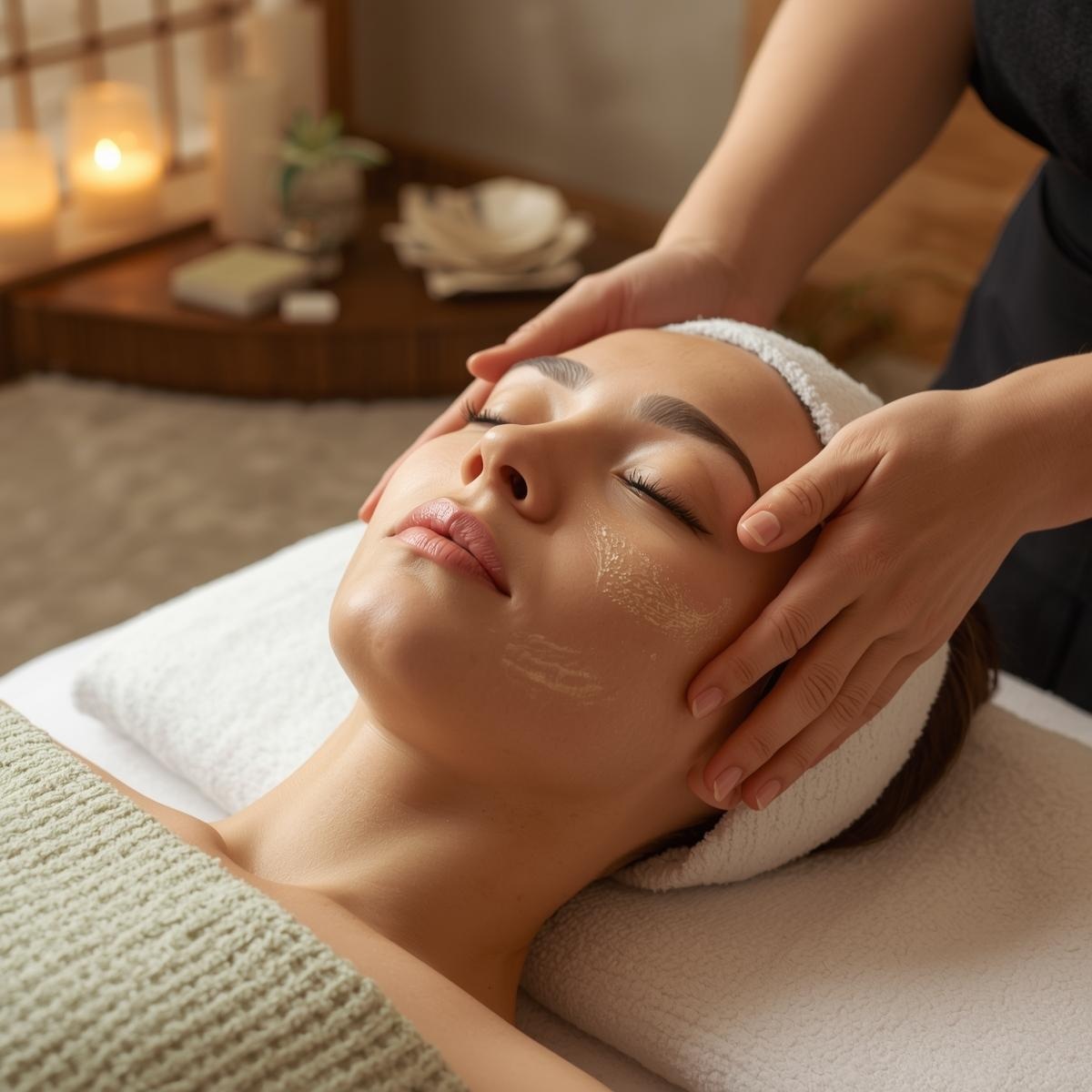 Kobido-inspirierte japanische Gesichtsmassage Hände bei einer Kobido-inspirierten japanischen Gesichtsmassage an einem entspannten Gesicht