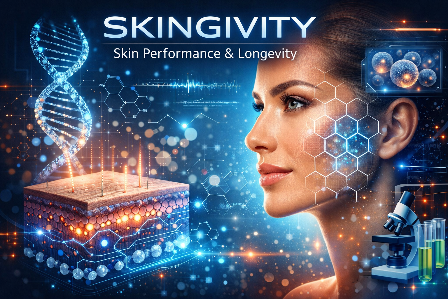 Skingivity Hautpflege, Hautgesundheit und Anti-Aging Konzept mit strahlender Haut, Zellregeneration, Hautbarriere, DNA und moderner Wellness Behandlung